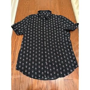 John Varvatos Mens Skull Top Hat Print Short Sleeve Button Down Shirt Black L